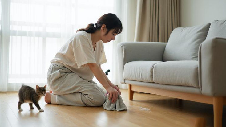 床を拭く猫の飼い主