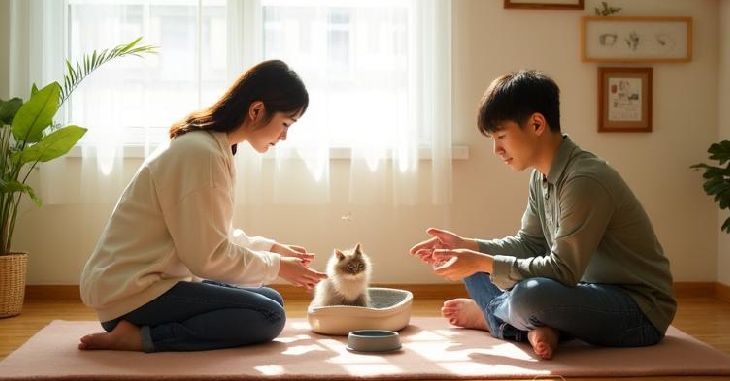 猫の仕度をする飼い主