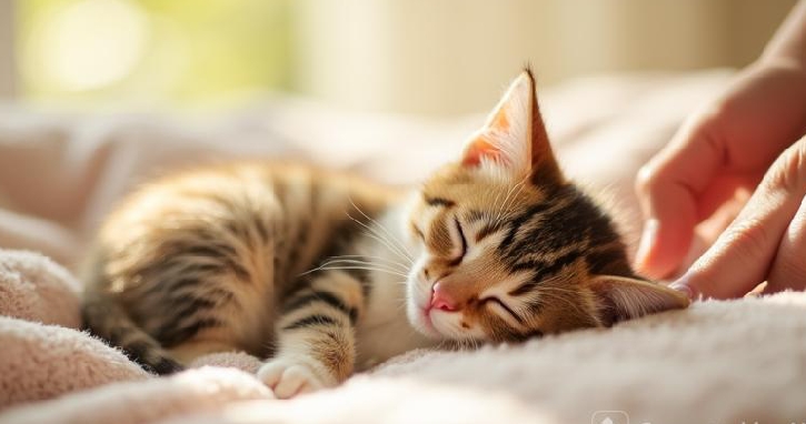 子猫に触れる飼い主