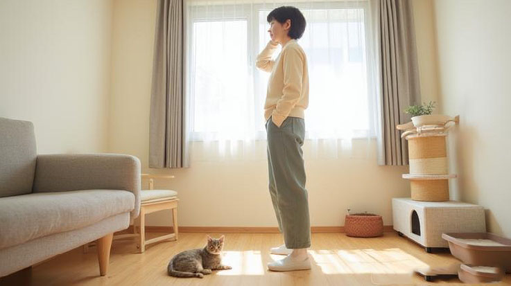 居間に立つ飼い主