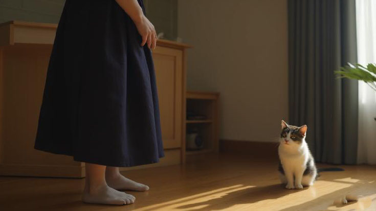 飼い主の隣に立つ猫