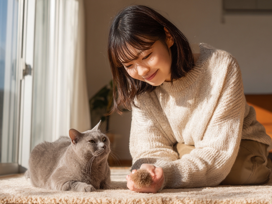 猫に寄り添う飼い主