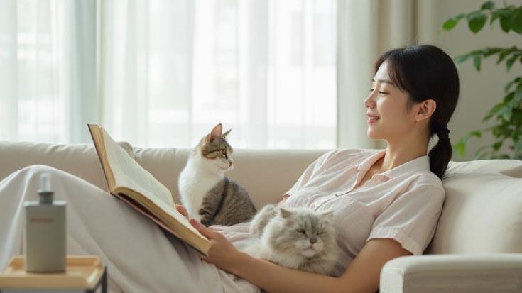 ソファーに座る猫と飼い主