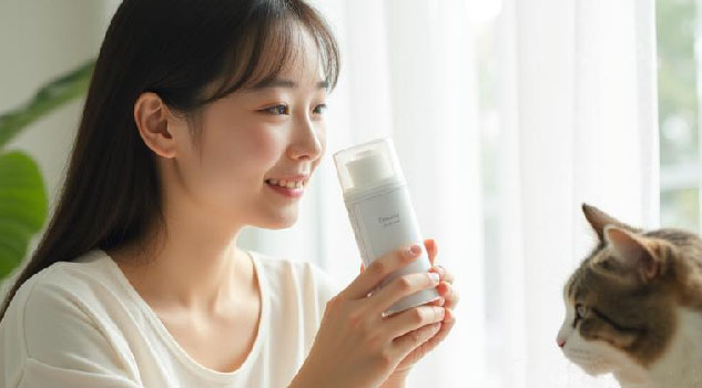 消臭剤を持つ飼い主