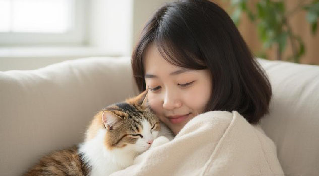 猫を抱きしめる飼い主