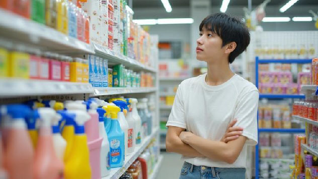 消臭剤の前で悩む人