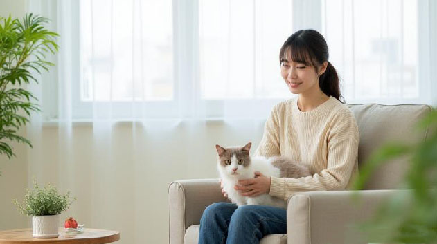 飼い主と猫がリビングにいる