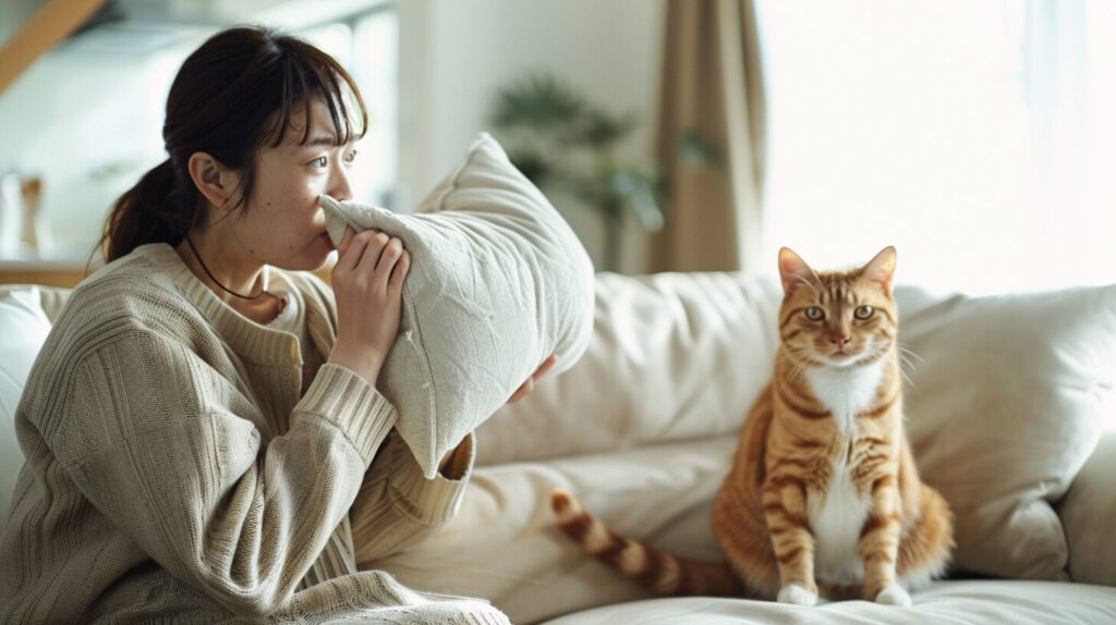 クッションの臭いを嗅ぐ飼い主