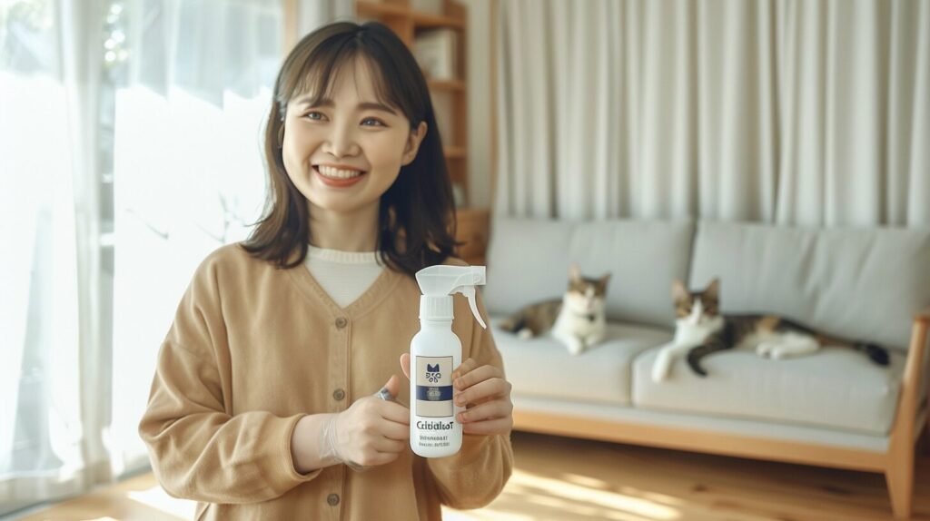 消臭剤を持つ猫の飼い主
