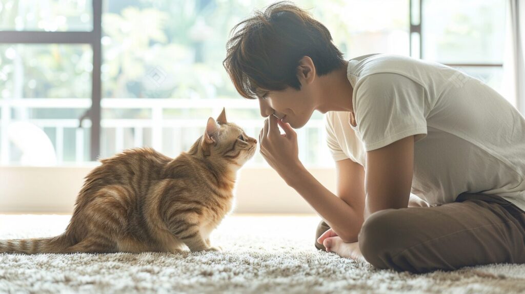 向かい合う猫と飼い主