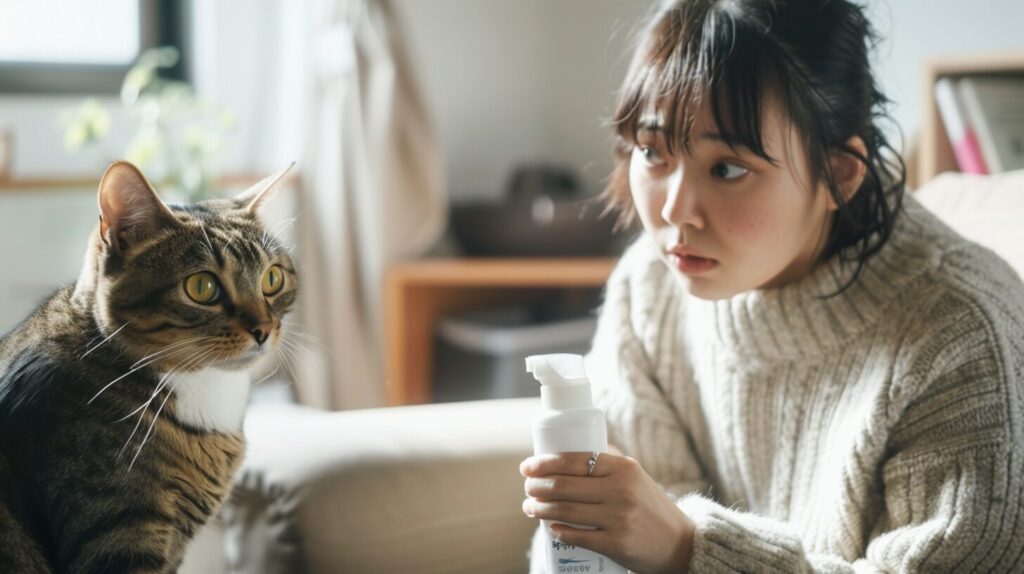 消臭剤をもつ猫の飼い主