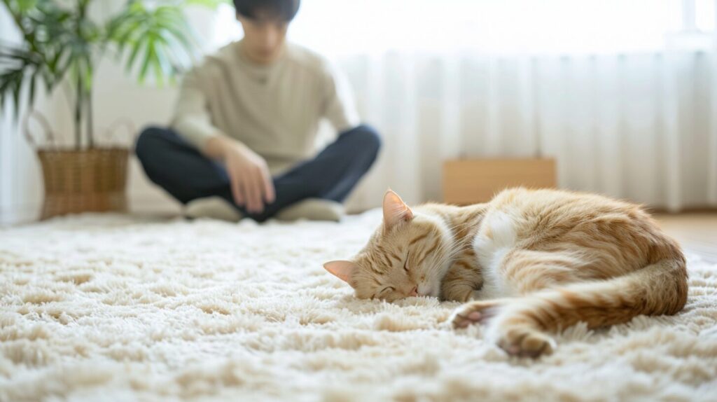 絨毯の上でくつろぐ猫