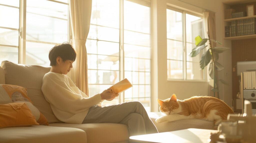 居間にいる猫と飼い主