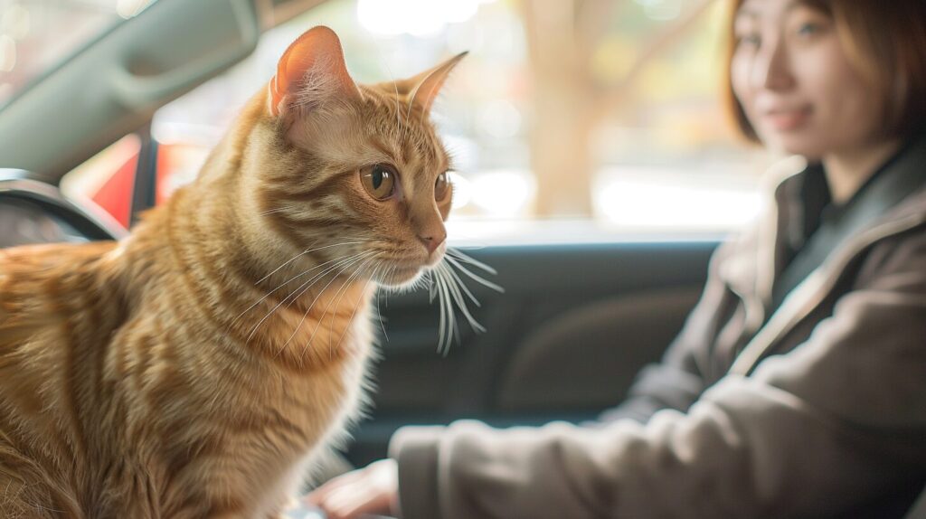 車の中で穏やかな猫と飼い主