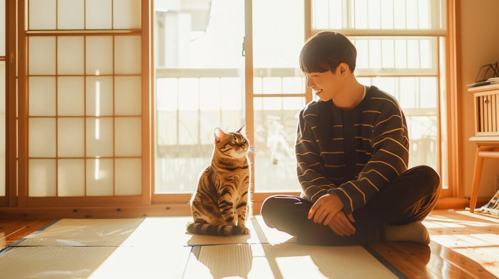 明るい部屋の猫と飼い主