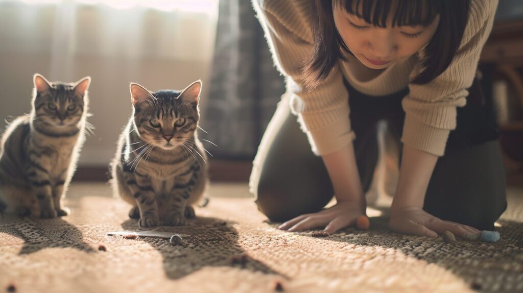 カーペットを見る猫と飼い主