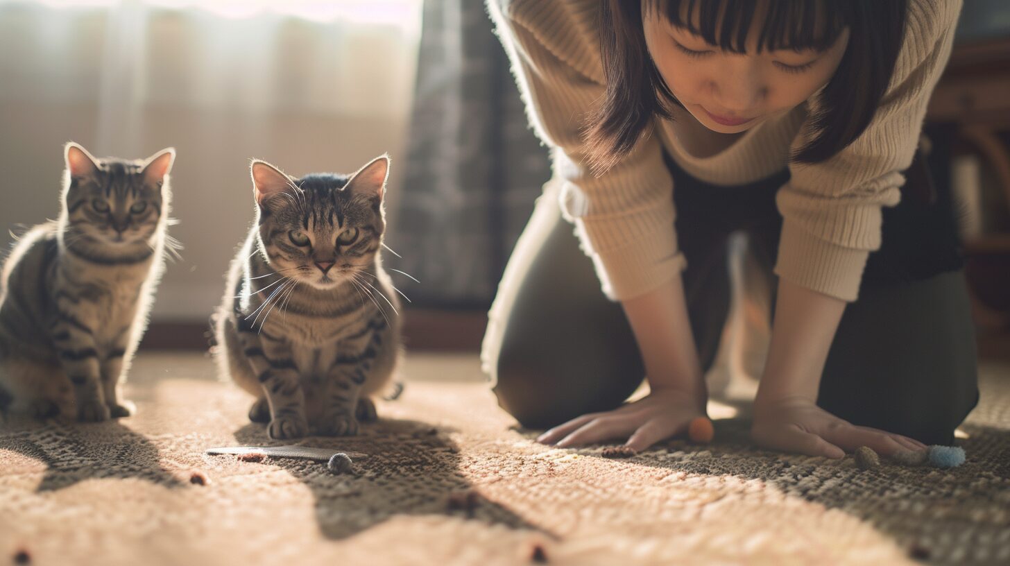 カーペットを見る猫と飼い主