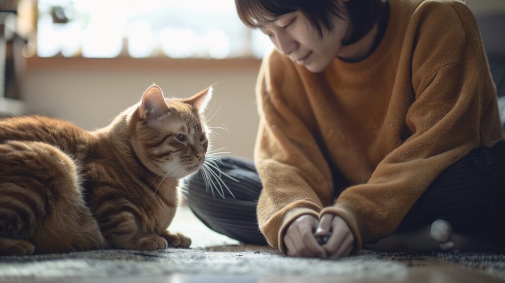 笑ってカーペットを見る猫と飼い主
