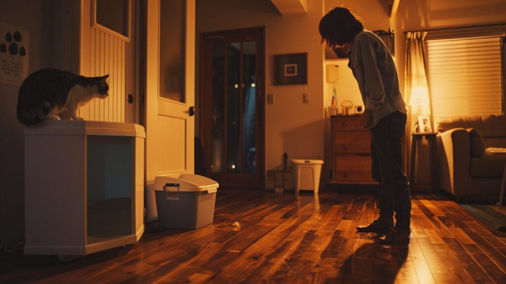 床に立つ猫の飼い主