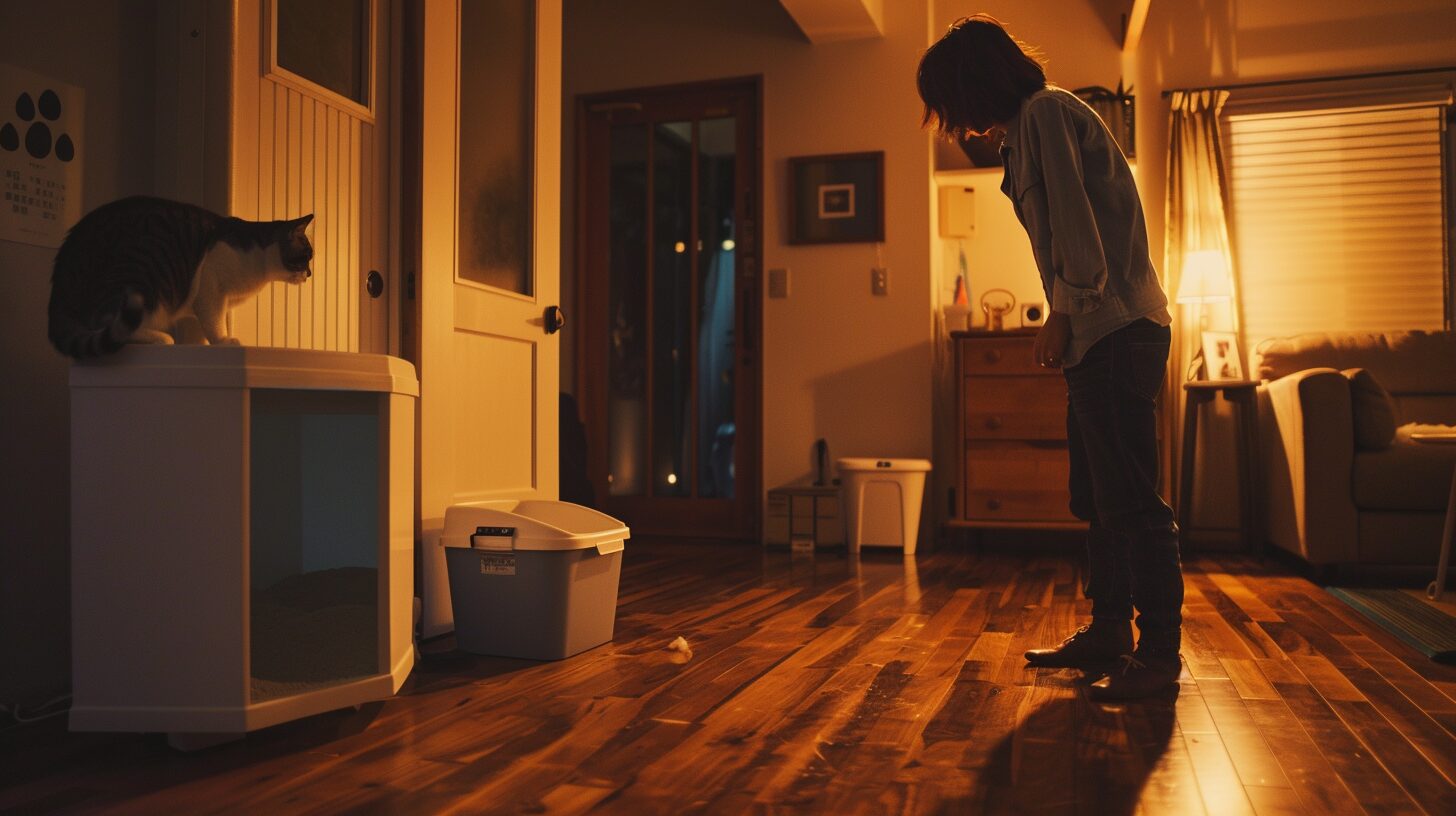 床に立つ猫の飼い主