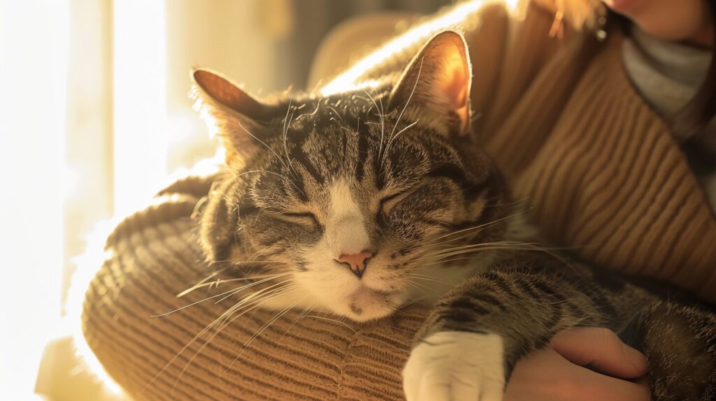 抱かれている猫の顔