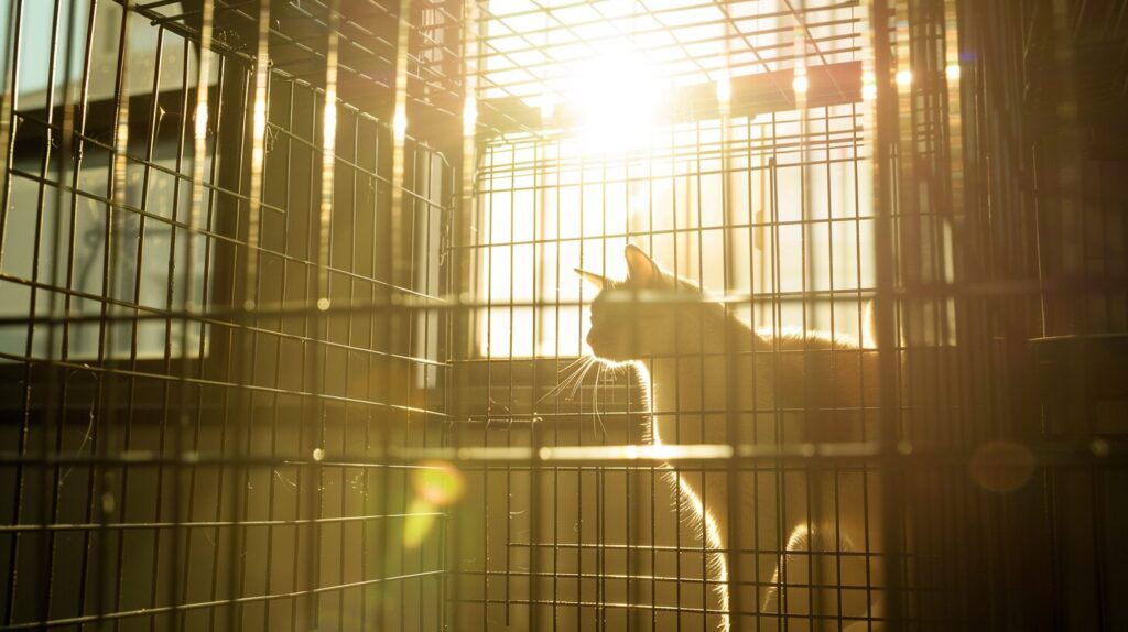 日の射した猫のケージ