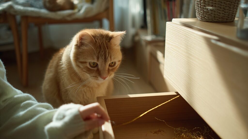 引き出しを見る猫