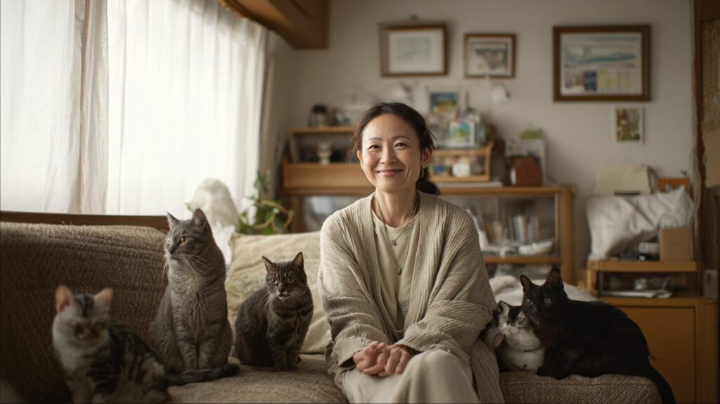 ソファーに座る猫たちと飼い主