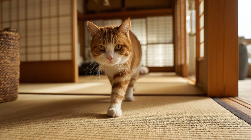 畳を歩く猫
